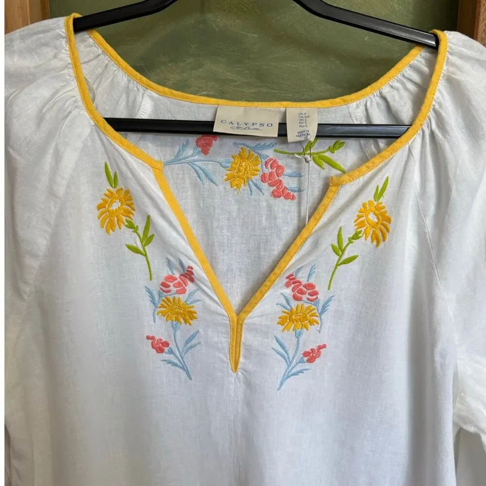 Calypso St. Barth Linen Floral Embroidered Tunic Mini Dress White Size Small NWT - Picture 3 of 10